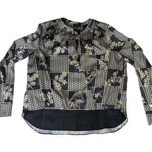 Current Air Floral Textured V-neck Lined Long Sleeve Blouse Blue Gray Cream Sz L